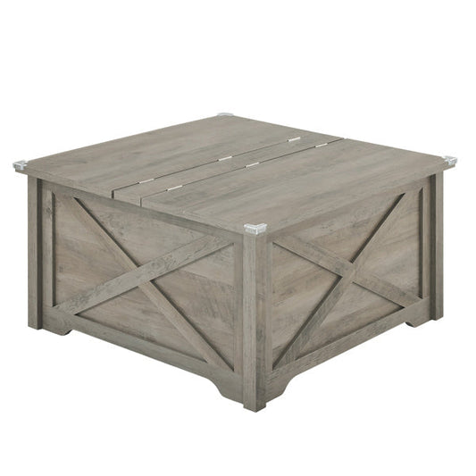 Farmhouse coffee table with large hidden storage compartment and rustic design.